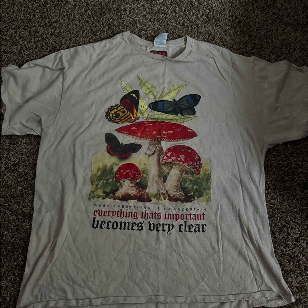 Graphic T-Shirt with Mushroom and Butterfly Design